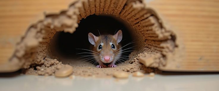 Souris brune cachée dans un trou de mur en bois, signe d’une infestation de rongeurs dans une maison.