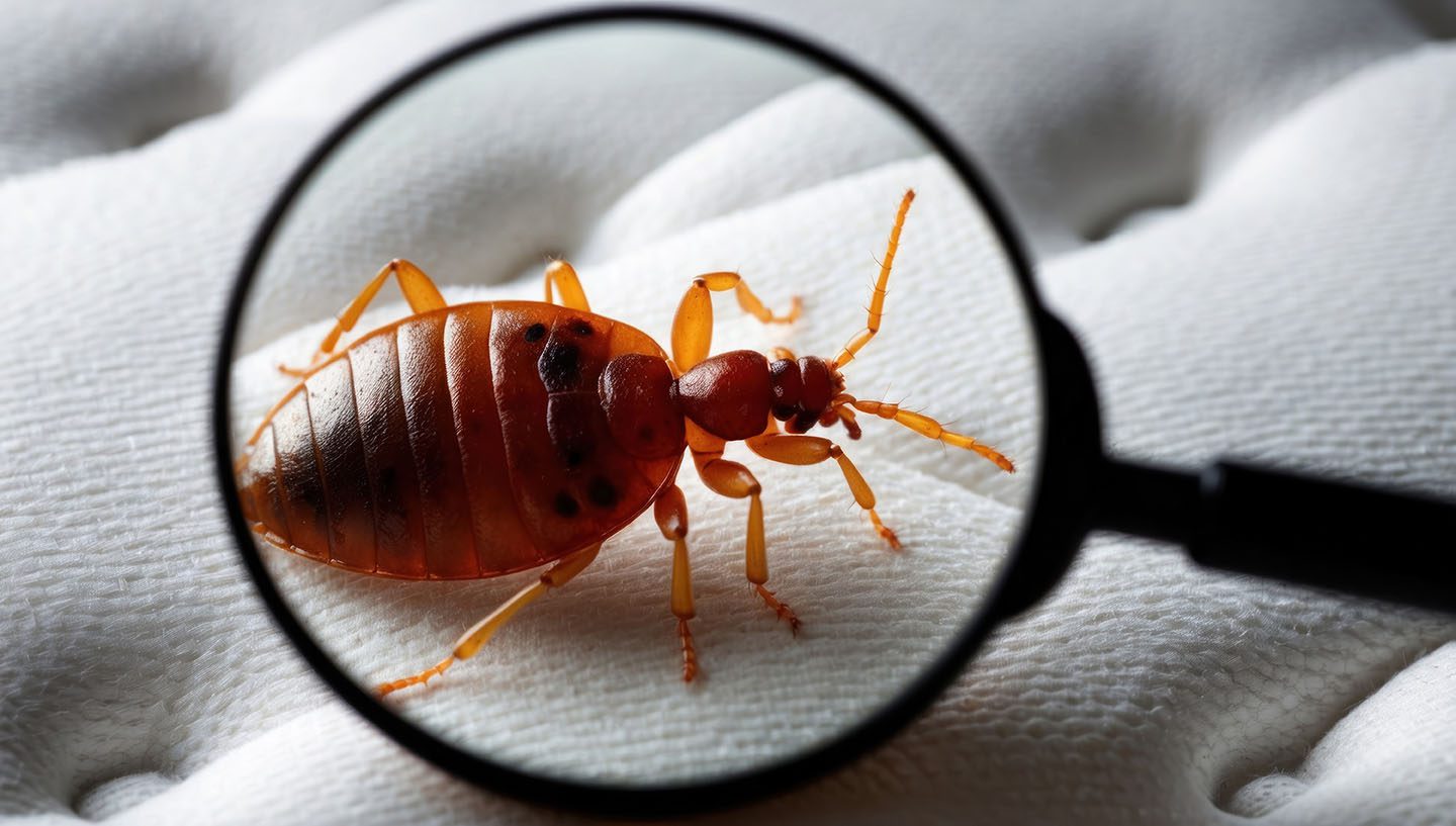 Gros plan d’une punaise de lit marron vue à travers une loupe, posée sur un matelas blanc.