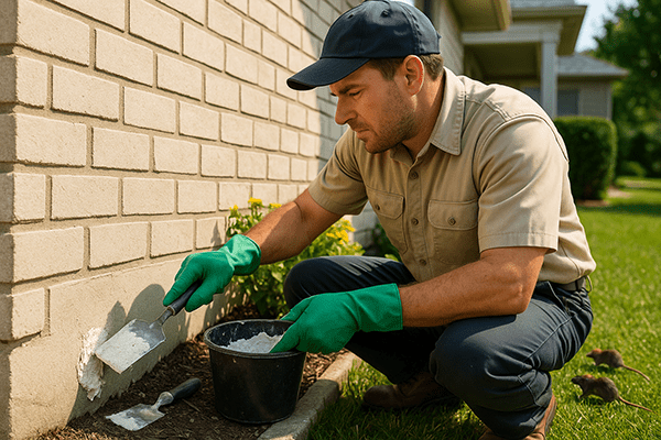 Technicien en extermination en train de boucher un trou extérieur dans un mur de maison avec du ciment pour empêcher l’intrusion de souris.