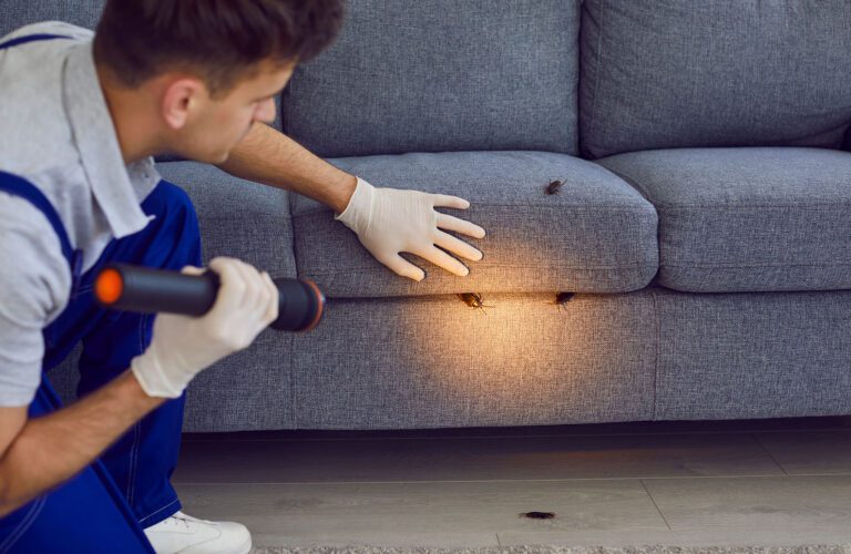 Exterminateur inspectant un canapé infesté de cafards à domicile