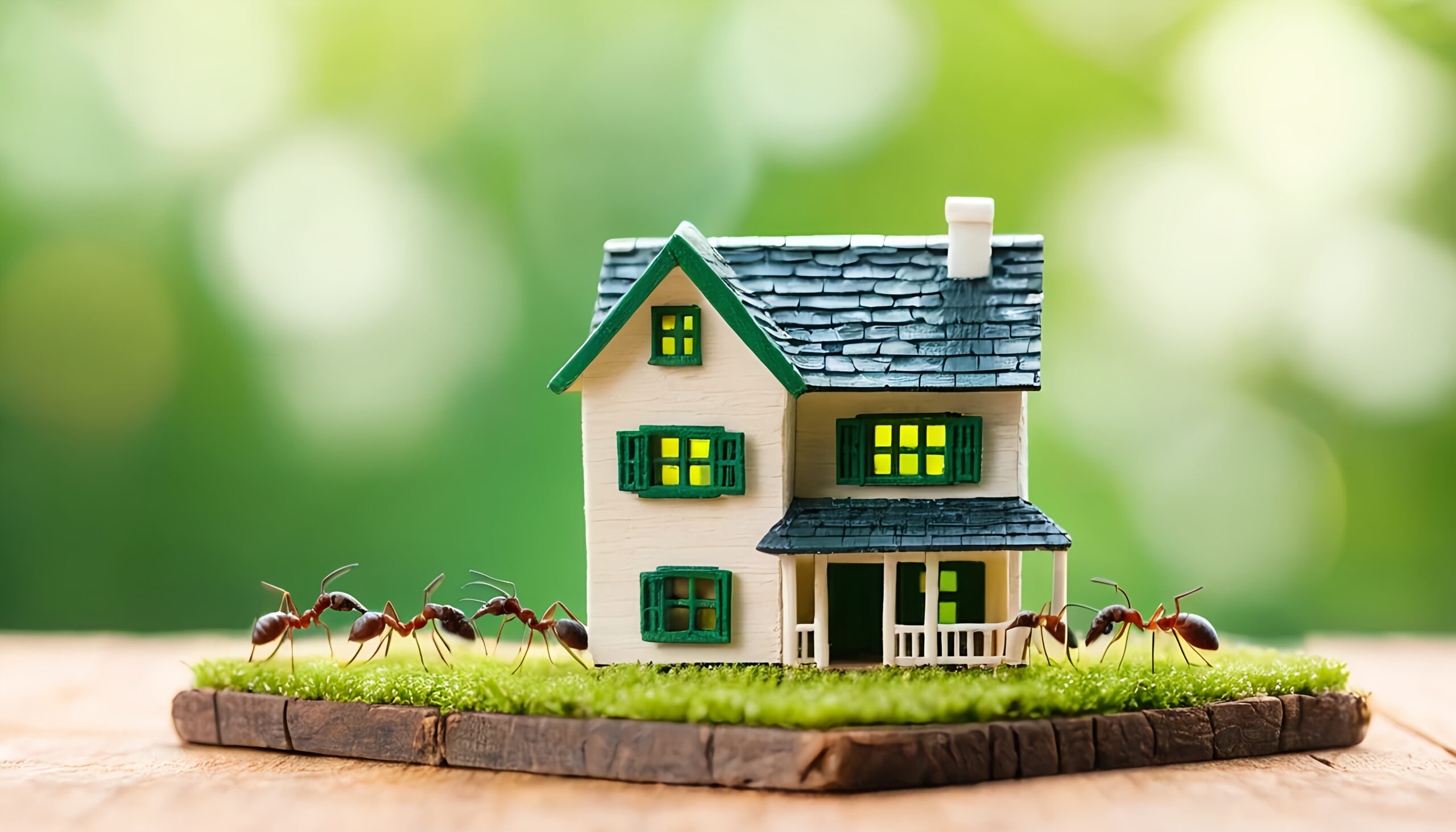 Des fourmis envahissent une maison miniature posée sur une pelouse, illustrant une infestation domestique typique.