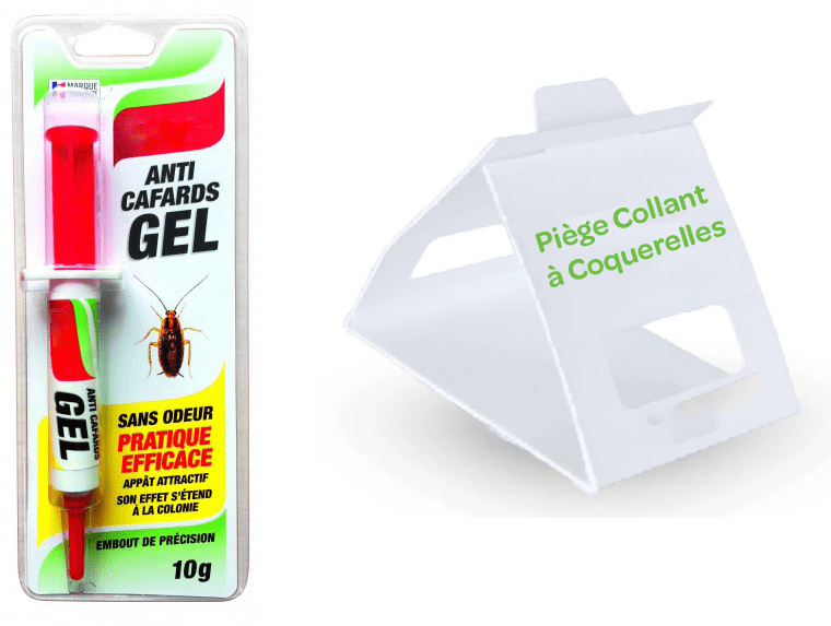 Gel anti-cafards et piège collant à coquerelles pour éliminer les infestations à la maison.