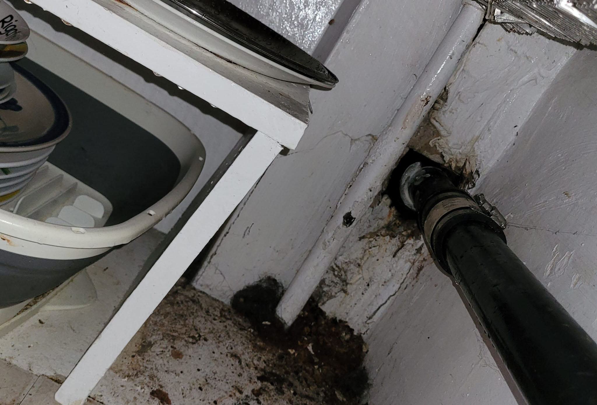 Zone sous un évier montrant un trou autour d’un tuyau avec des traces sombres de déjections et de nourriture de souris.