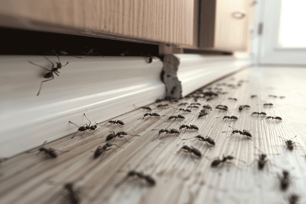 Groupe de fourmis envahissant une cuisine sous une plinthe fissurée, signe courant d’infestation domestique.